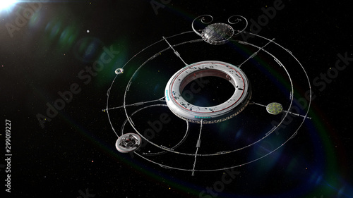 Fototapeta Naklejka Na Ścianę i Meble -  space station, futuristic habitat lit by a bright star 