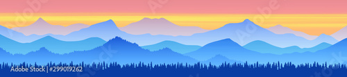 Fantasy on the theme of the morning landscape, sunrise in the mountains, panoramic view, vector illustration