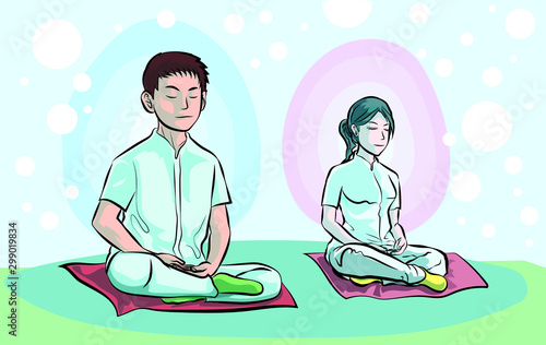 Men and women was meditation sitting on the futon with a light colored background.