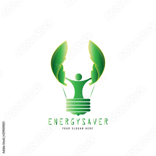 symbol logo of energy saver with human,lamp and green leaves design