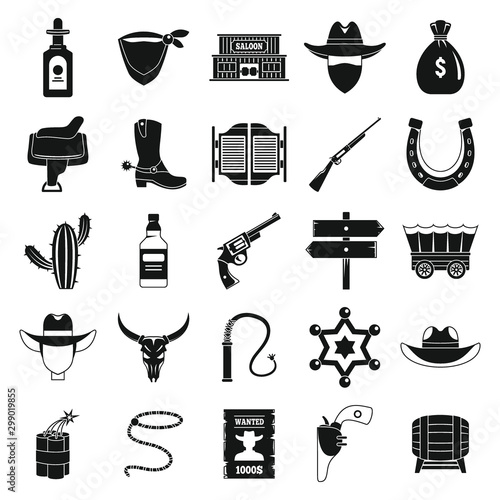 Western cowboy icons set. Simple set of western cowboy vector icons for web design on white background