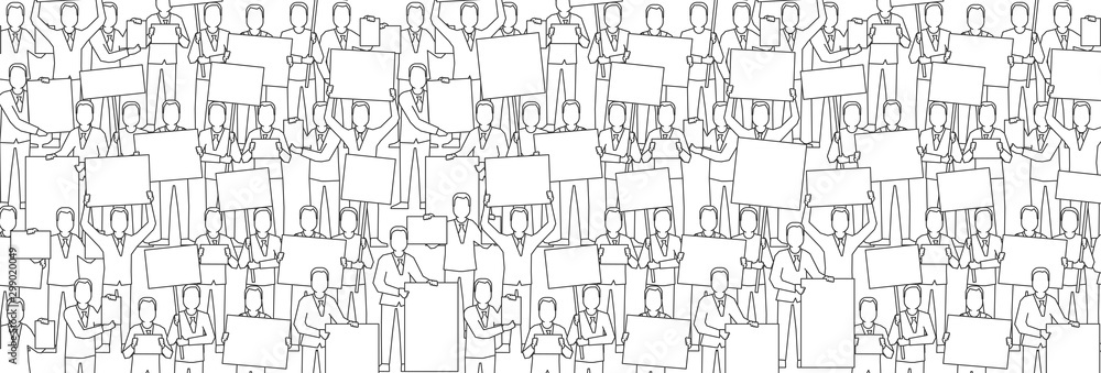 People went on strike with posters. The meeting, the protest. The crowd demands a revolution. Black outline. Illustration for banner background.