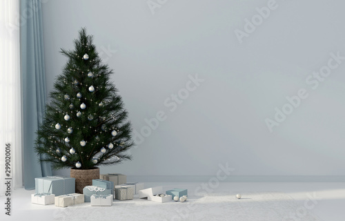 Interior in blue with a Christmas tree and gifts