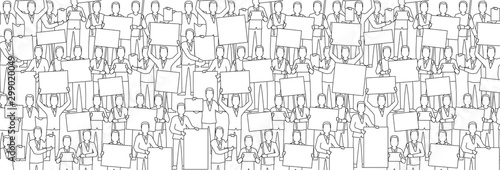 People went on strike with posters. The meeting, the protest. The crowd demands a revolution. Black outline. Illustration for banner background.