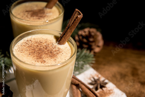 Homemade traditional Christmas eggnog drinks in glasses