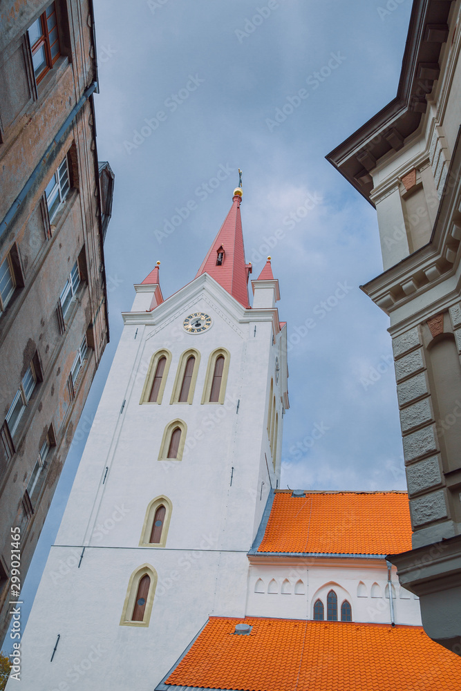 City Cesis, Latvia Republic. Old church and rocks, autumn. Historic architecture. 12. okt. 2019