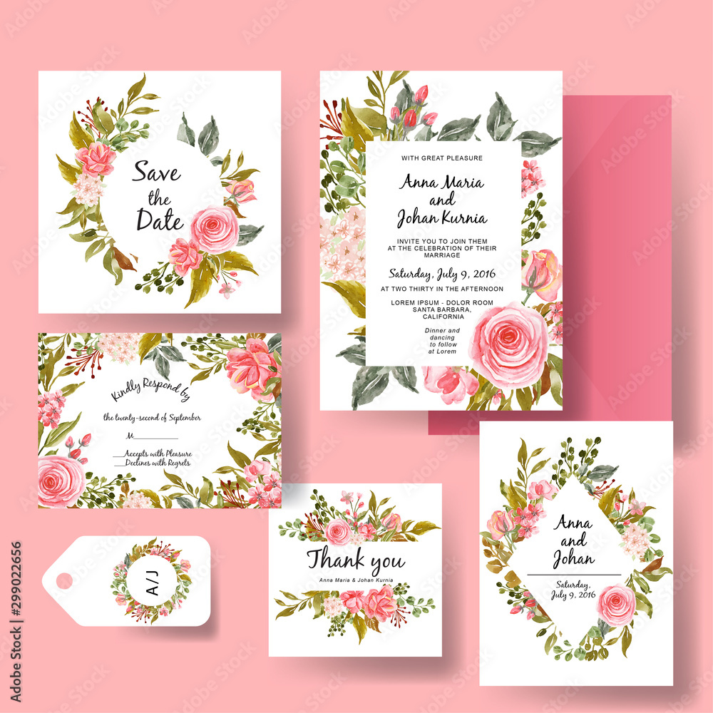 wedding invitation set of rose pink romantic template