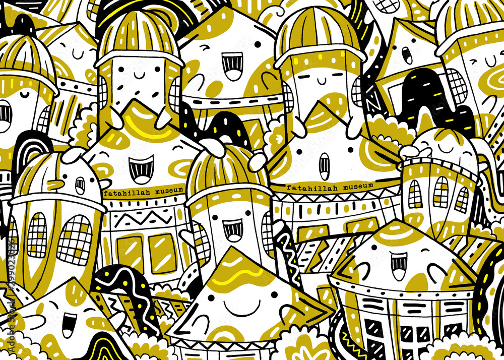 Obraz premium Hand drawn fatahillah museum with cute doodles.