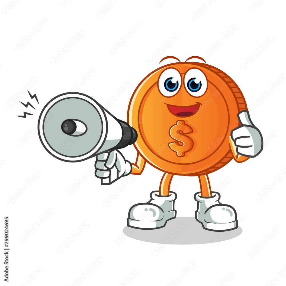 Obraz premium coin happy hold handy loudspeaker mascot vector cartoon illustration
