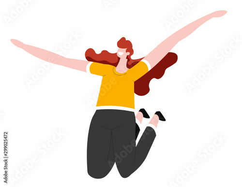 Girl jumping with raised hands, isolated female character