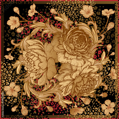 Floral pattern. Bouquet of luxurious flowers peonies, baroque style ornament details and leopard skin spots.