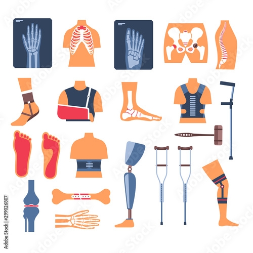 Injury recovery, bone fracture and crutches, X-ray and orthopedic tools