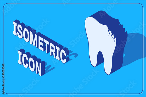 Isometric Broken tooth icon isolated on blue background. Dental problem icon. Dental care symbol. Vector Illustration