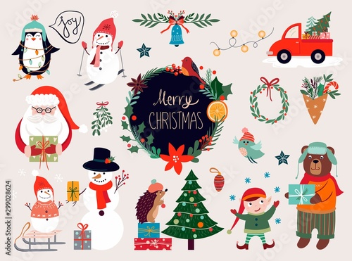  Christmas elements collection with floral wreath, Santa and other seasonal characters