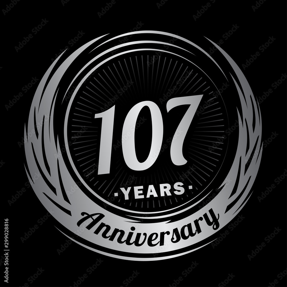 107 years anniversary. Anniversary logo design. One hundred and seven years logo.