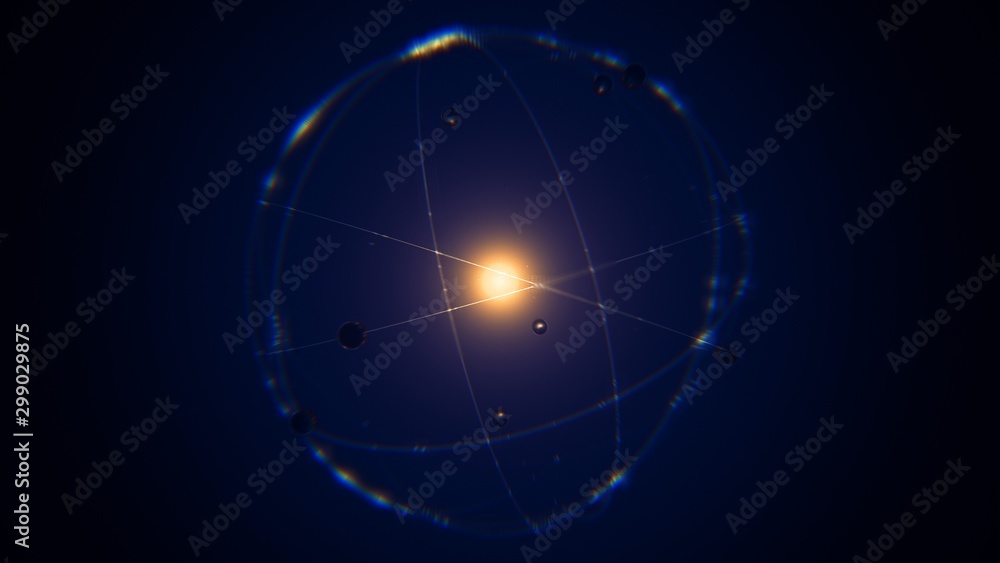 dynamic energetic blue indigo gold atom model concept illustration of glowing proton neutron nucleus, visualization of atom space physics, centric gravity, electrons orbiting as ordered real particles dynamic energetic blue indigo gold atom model concept illustration of glowing proton neutron nucleus, visualization of atom space physics, centric gravity, electrons orbiting as ordered real particles