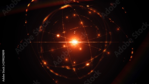 dynamic energetic orange gold atom model concept illustration of glowing proton neutron nucleus, visualization of atom space physics of centric gravity and electrons orbiting as ordered real particles