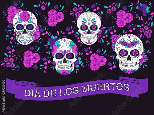 Day of The Dead colorful Skull with floral ornament and ribbon with text Dia De Los Muertos. Mexican sugar skull. Vector illustration