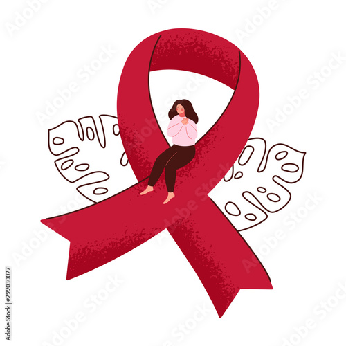 Understanding girl folded her arms in console for women with breast cancer. A female sits on a red ribbon in support of providing access to HIV prevention and treatment. Vector medical illustration