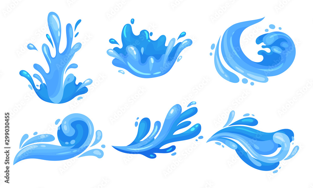 Water Splashes Vector Illustrated Set. Motion of Aqua Concept - obrazy, fototapety, plakaty 