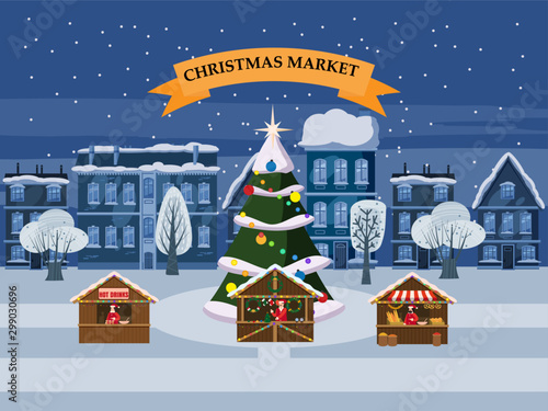 Christmas village, winter town, souvenirs market stalls with decorations souvenirs and bakery