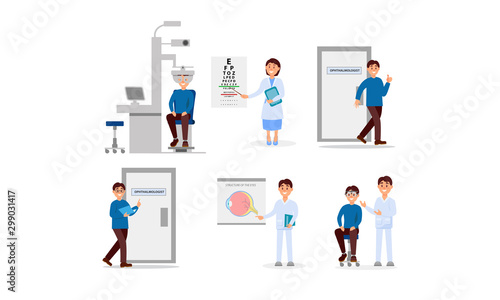 Man Character Visiting Opthalmologist For General Examination Vector Illustrations Set