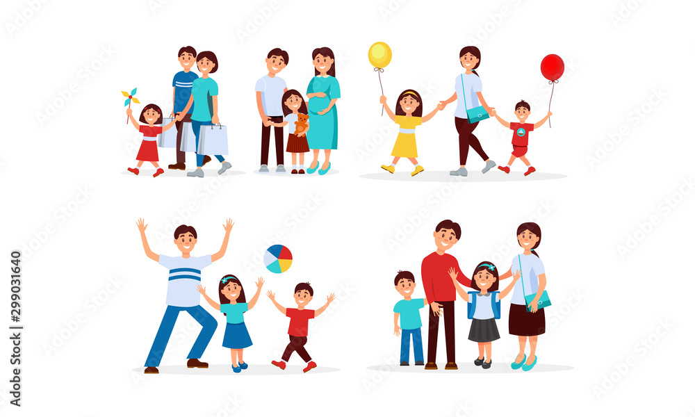 Different Activities Family Doing Together Vector Illustrations Set