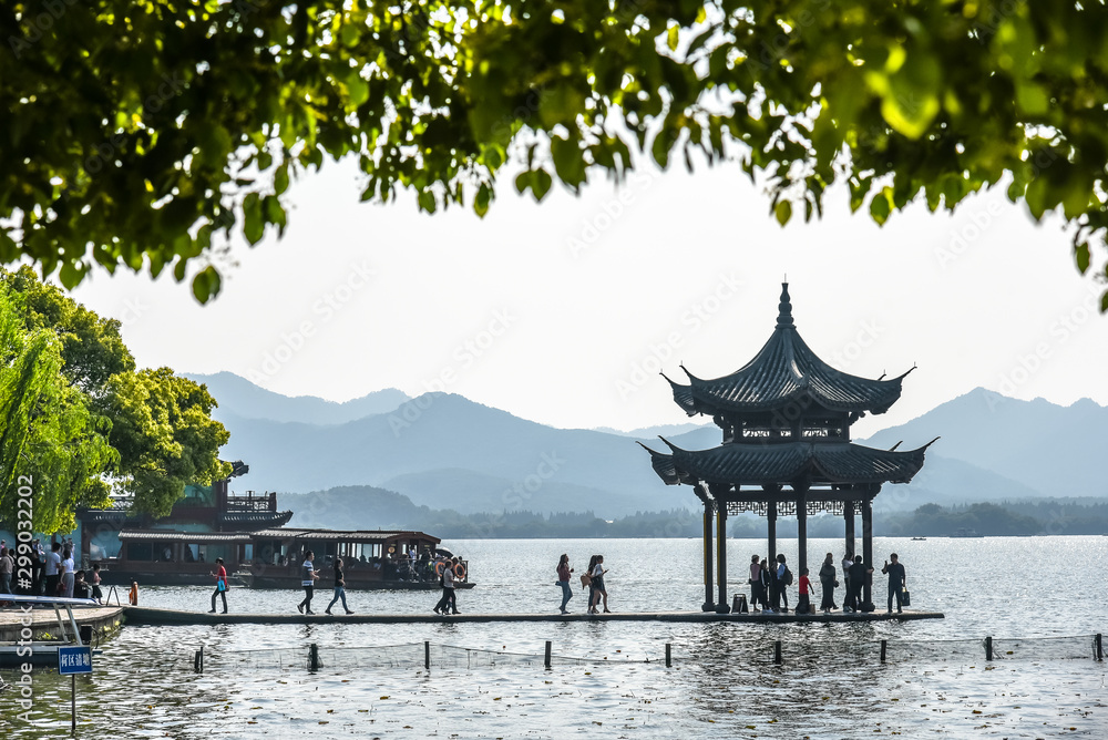 The beautiful landscape scenery of Xihu West Lake and pavilion in Hangzhou CHINA.