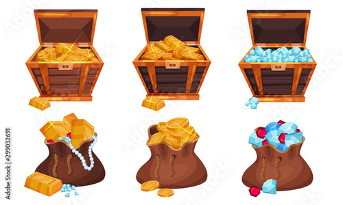 Piratic Chests and Sack With Treasures Vector Set