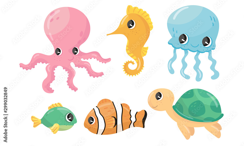 Naklejka premium Funny Sea Animal Characters Vector Set. Underwater Life Concept