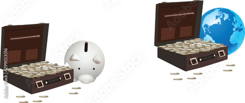 valigia con valuta e salvadanaio 