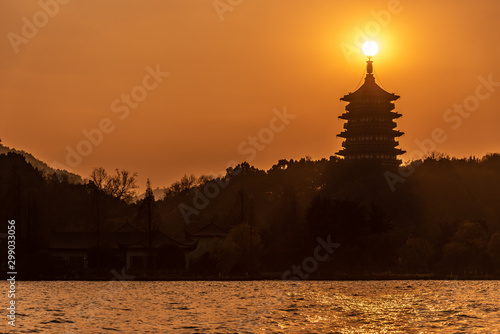 Silhouette Leifeng Pagoda is a five stories tall tower with eight sides  located on Sunset Hill south of the West Lake in Hangzhou  China.  on the top of which can get a total overlook of West Lake.