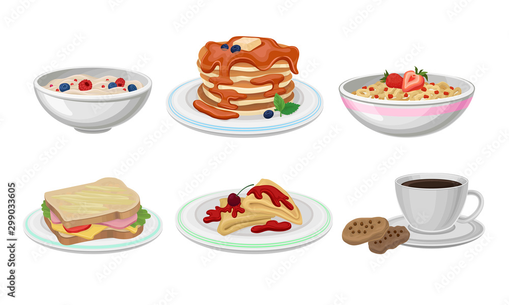 Breakfast Food Vector Set. Meals Collection With Tasty Pancakes and Berry Porridge Breakfast Food Vector Set. Meals Collection With Tasty Pancakes and Berry Porridge