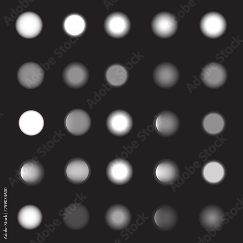 Set of glowing white defocused lights on black background. Vector