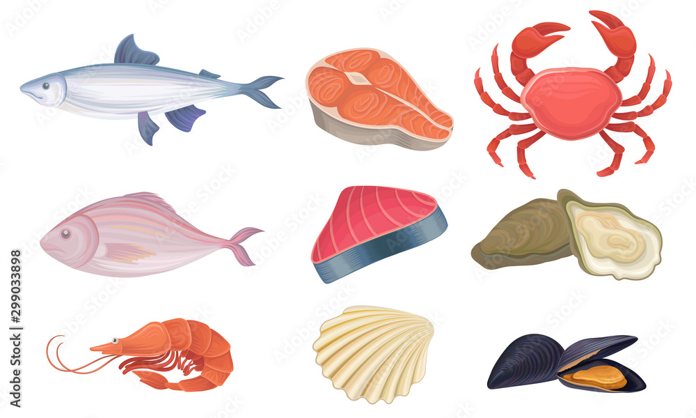 Seafood Vector Set. Crustacean Delicacy Market Concept