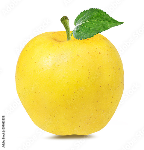 Fresh yellow apple with leaf isolated on white background with clipping path