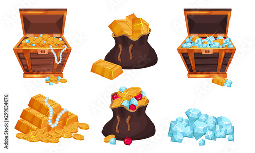 Piratic Chests and Sack With Treasures Vector Set