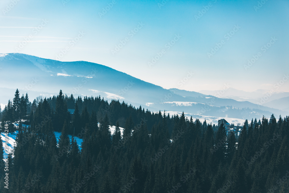 Fototapeta landscape view of snowed winter mountains