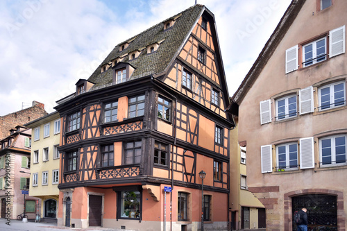 Strasbourg  France - May 2019. Traditional half-timbered houses in the center old city Strasbourg. Amazing colorful houses in La Petite France  Alsace. Beautiful view of the historic town Strasbourg