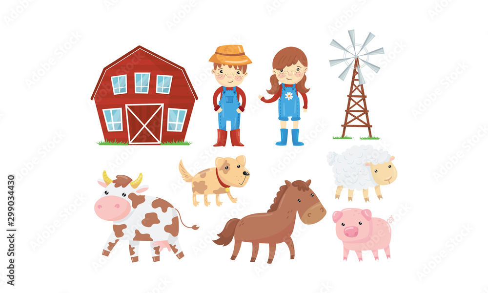 Farm Characters With Their Animals Vector Illustrations Set Farm Characters With Their Animals Vector Illustrations Set