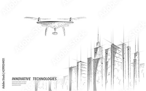 No drones city low poly banner template. Regulation of unmanned aerial vehicles sky delivery. Law ban aircraft privacy protection. Private zone information security. Polygonal vector illustration