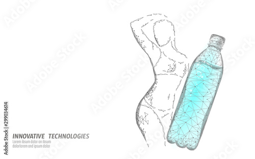 Water aqua bottle athletic woman rehydration concept. Health care against dehydration isotonic electrolytes drink. Fitness shape workout gym slim fit exercise. Low poly 3D vector illustration