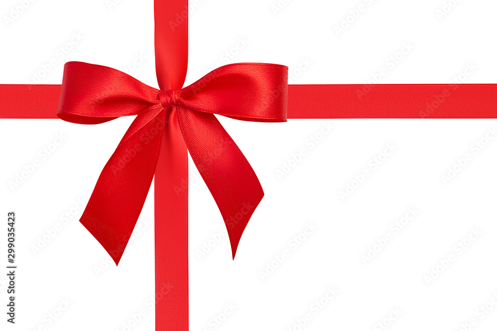 Flat lay simple beautiful perfect handmade bow and two red silk bright ribbons tied with a cross with copy space for text isolated on white background. Close up design elements. Clipping path Flat lay simple beautiful perfect handmade bow and two red silk bright ribbons tied with a cross with copy space for text isolated on white background. Close up design elements. Clipping path