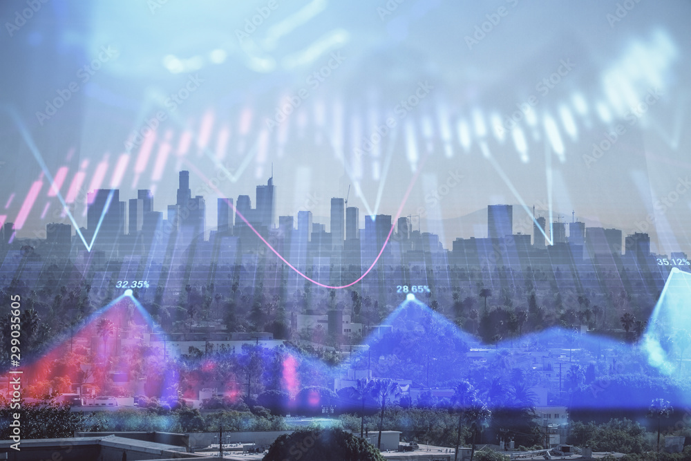 Naklejka premium Forex chart on cityscape with skyscrapers wallpaper multi exposure. Financial research concept.