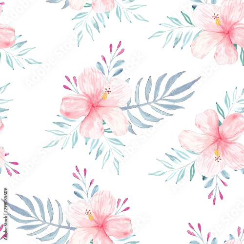 Seamless pattern with watercolor hibiscus summer concept