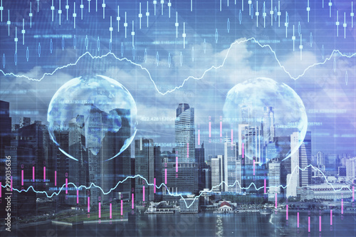 Forex chart on cityscape with skyscrapers wallpaper multi exposure. Financial research concept.