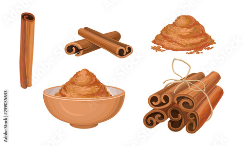 Cinnamon Sticks Vector Set. Pile of Milled Seeds and Seeds Poured in Bowl