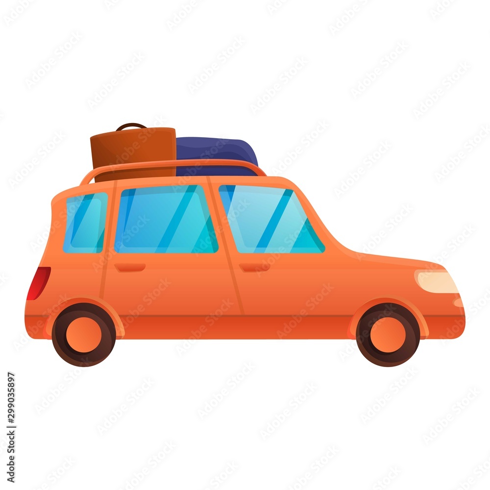 Orange travel car icon. Cartoon of orange travel car vector icon for web design isolated on white background