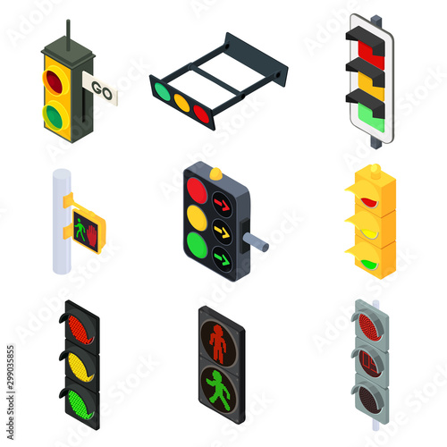 Traffic lights icons set. Isometric set of traffic lights vector icons for web design isolated on white background