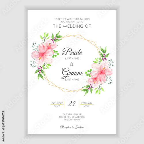 Floral wedding invitation template with watercolor hibiscus